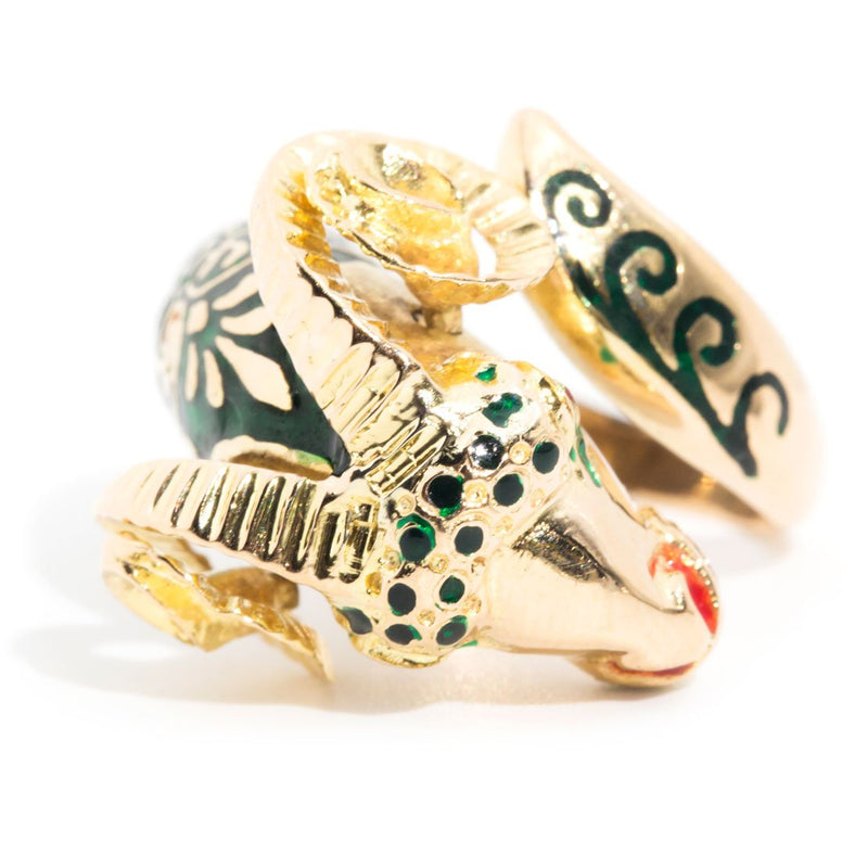 Chrisjen 14ct Gold Vintage Enamel Ram Head & Tail Ring*OB&Description Rings Imperial Jewellery