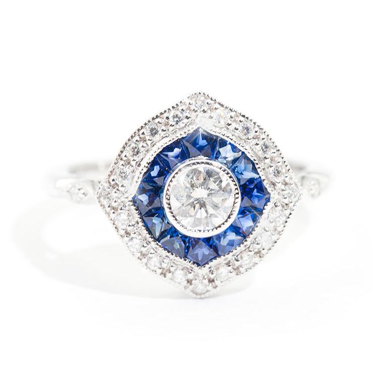 Clarisse Sapphire and Certified Diamond Art Deco Halo Ring Ring Imperial Jewellery - Auctions, Antique, Vintage & Estate 