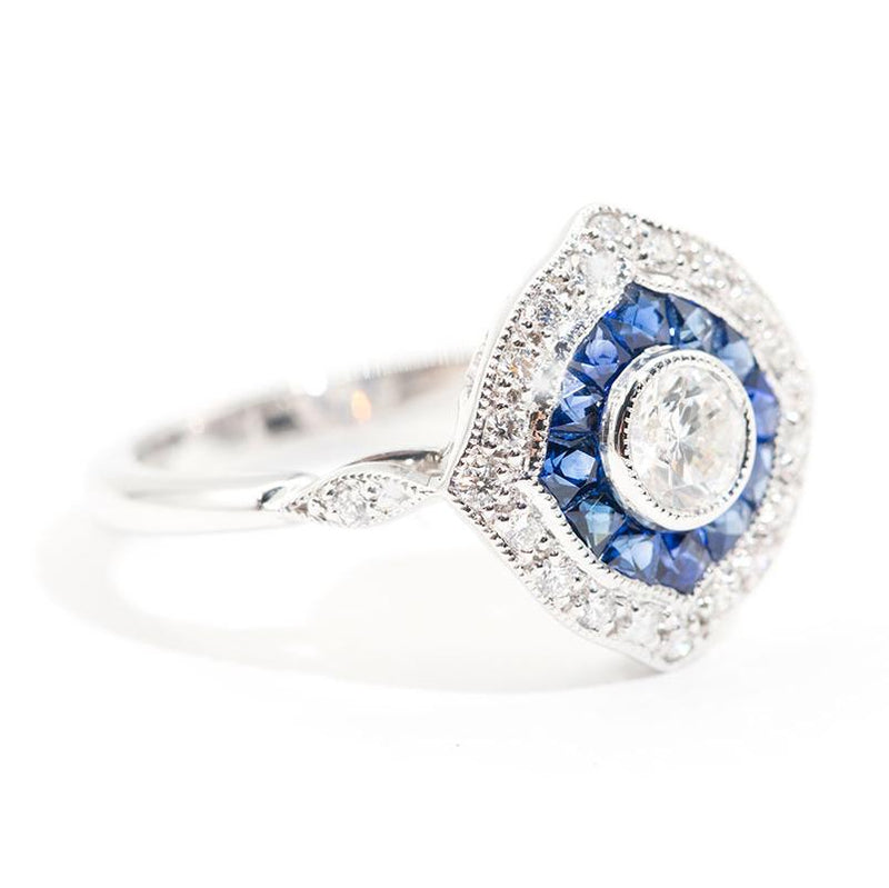 Clarisse Sapphire and Certified Diamond Art Deco Halo Ring Ring Imperial Jewellery - Auctions, Antique, Vintage & Estate 
