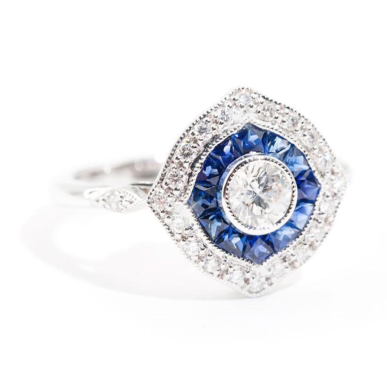 Clarisse Sapphire and Certified Diamond Art Deco Halo Ring Ring Imperial Jewellery - Auctions, Antique, Vintage & Estate 