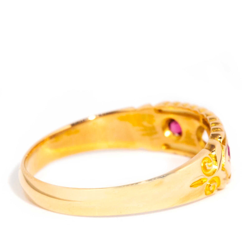 Constance Antique Victorian 18ct Gold Diamond & Ruby Trilogy Ring Rings Imperial Jewellery 