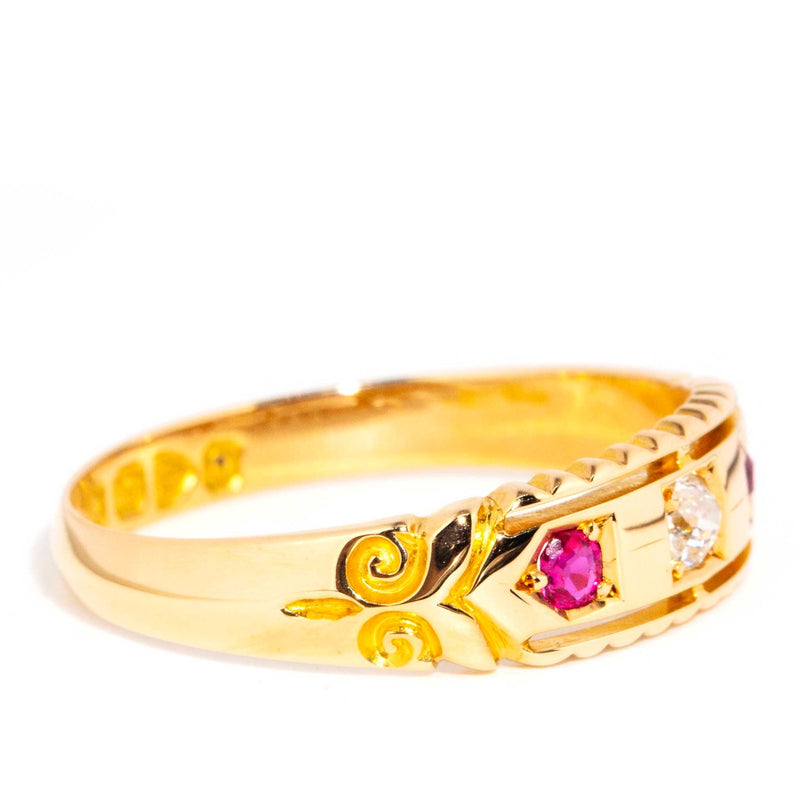 Constance Antique Victorian 18ct Gold Diamond & Ruby Trilogy Ring Rings Imperial Jewellery 