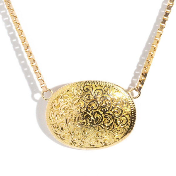 Reinvented 9 Carat Gold Inscribed Oval Pendant 44cm Gold Chain Imperial Jewellery