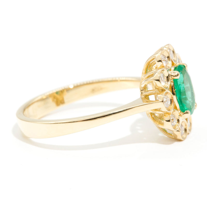 Courtney 18 Carat Gold Vintage Emerald and Diamond Halo Ring Rings Imperial Jewellery