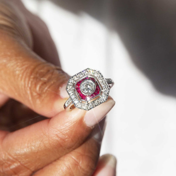 Cruz Diamond & Ruby Vintage Art Deco Inspired 18ct Gold Ring Rings Imperial Jewellery 