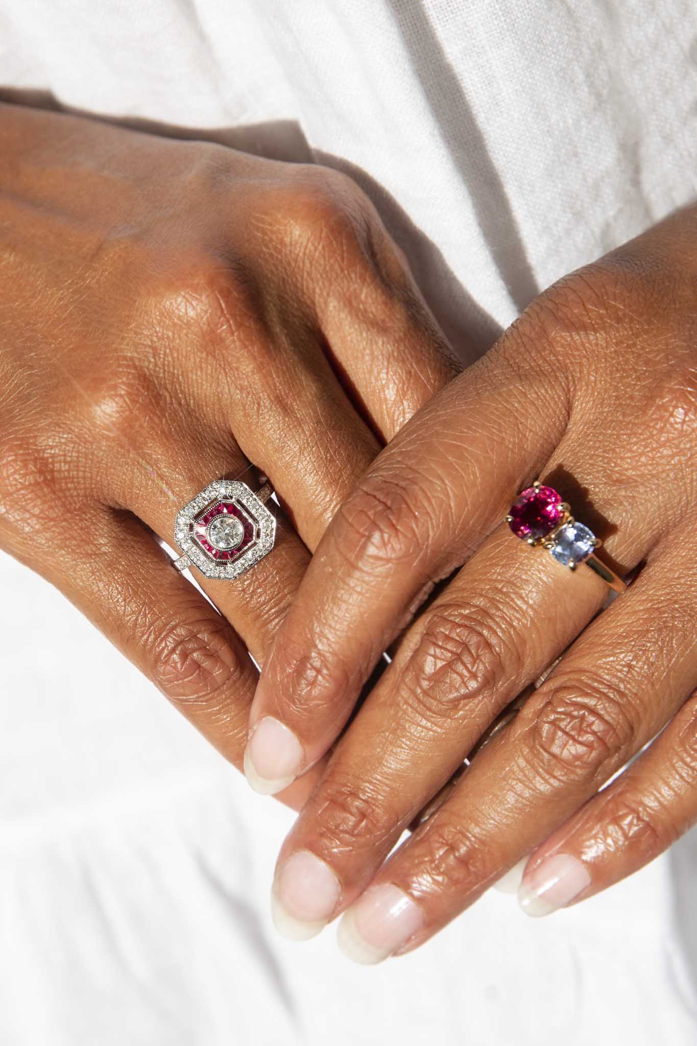 Cruz Diamond & Ruby Vintage Art Deco Inspired 18ct Gold Ring Rings Imperial Jewellery 