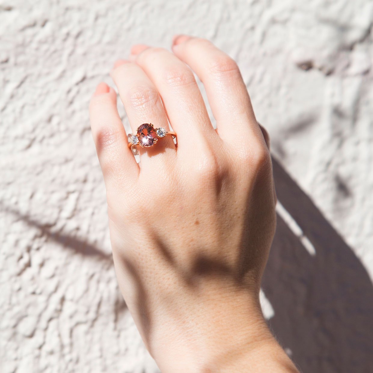 Cuba 18 Carat Rose Gold Morganite and Diamond Three Stone Ring Rings Imperial Jewellery - Auctions, Antique, Vintage & Estate