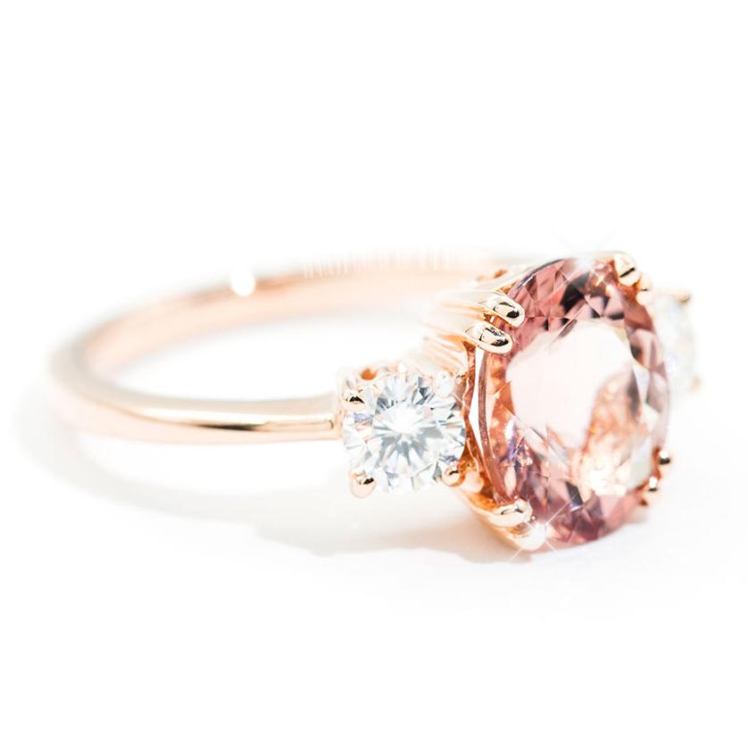 Cuba 2.33 Carat Morganite and Diamond Three Stone Rose Gold Ring Rings Imperial Jewellery - Auctions, Antique, Vintage & Estate