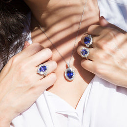 Daphne Platinum Oval Tanzanite and Diamond Halo Pendant Pendants/Necklaces Imperial Jewellery - Auctions, Antique, Vintage & Estate 