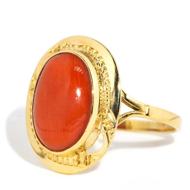 Dido 1960s Coral Cabochon Patterned Ring 18ct Gold Rings Imperial Jewellery 