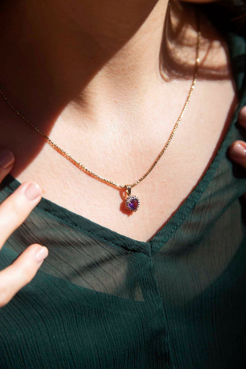 Elise 1990s 14ct Amethyst & Diamond Heart Pendant & Chain* DRAFT Pendants/Necklaces Imperial Jewellery 