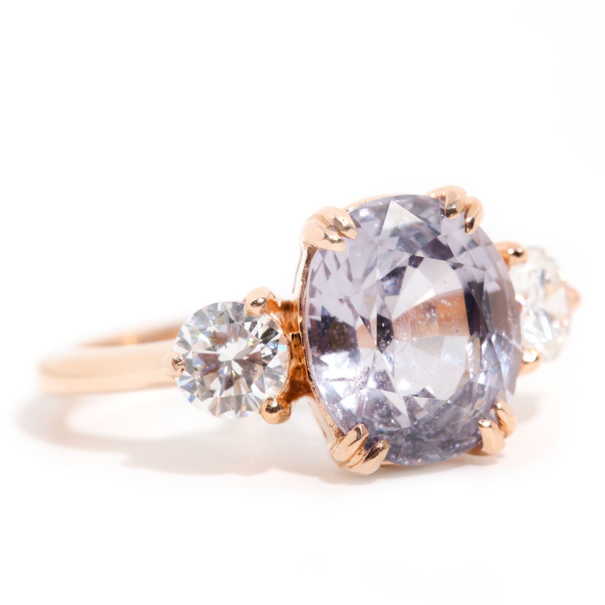 Emily xxxx Carat Purple Spinel and Diamond Three Stone Rose Gold Ring Rings Imperial Jewellery 
