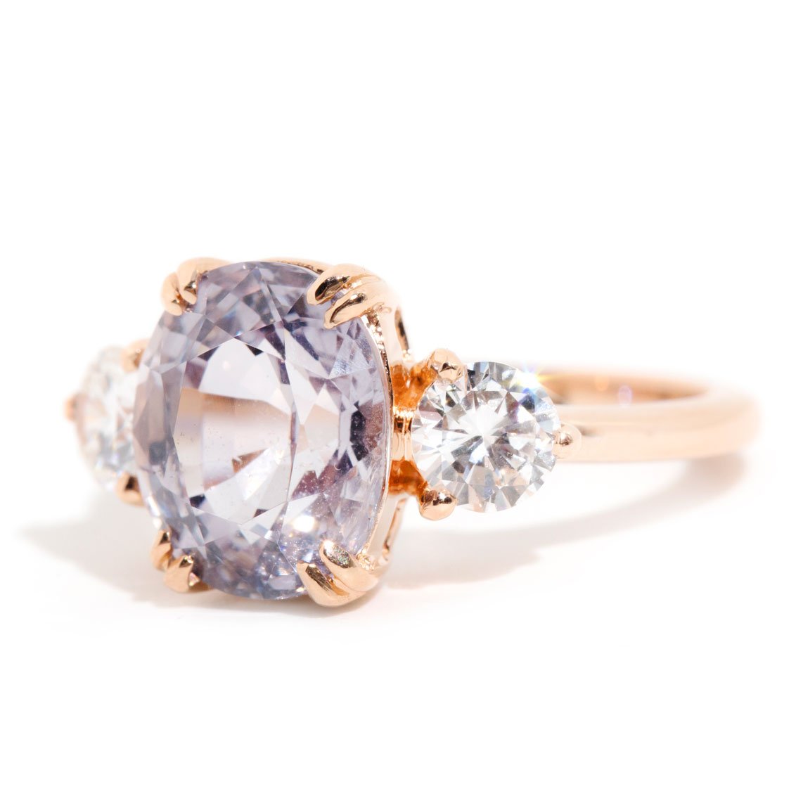 Emily xxxx Carat Purple Spinel and Diamond Three Stone Rose Gold Ring Rings Imperial Jewellery 