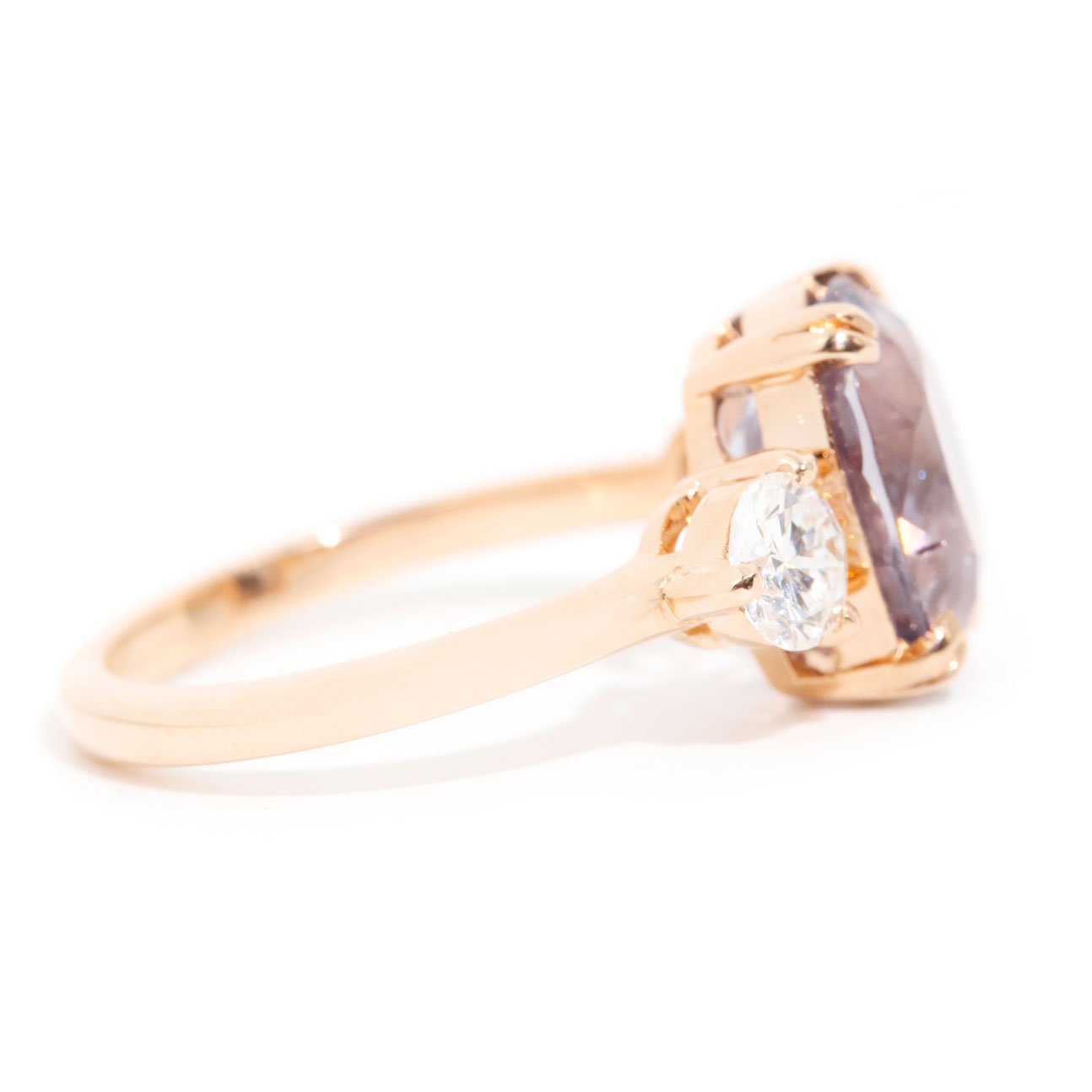 Emily xxxx Carat Purple Spinel and Diamond Three Stone Rose Gold Ring Rings Imperial Jewellery 