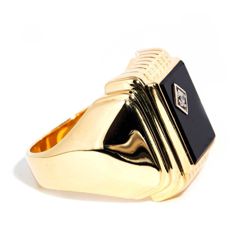 ERI DONE Gerald 1970s Rectangular Onyx & Diamond Signet Ring 14ct Yellow Gold Imperial Jewellery 