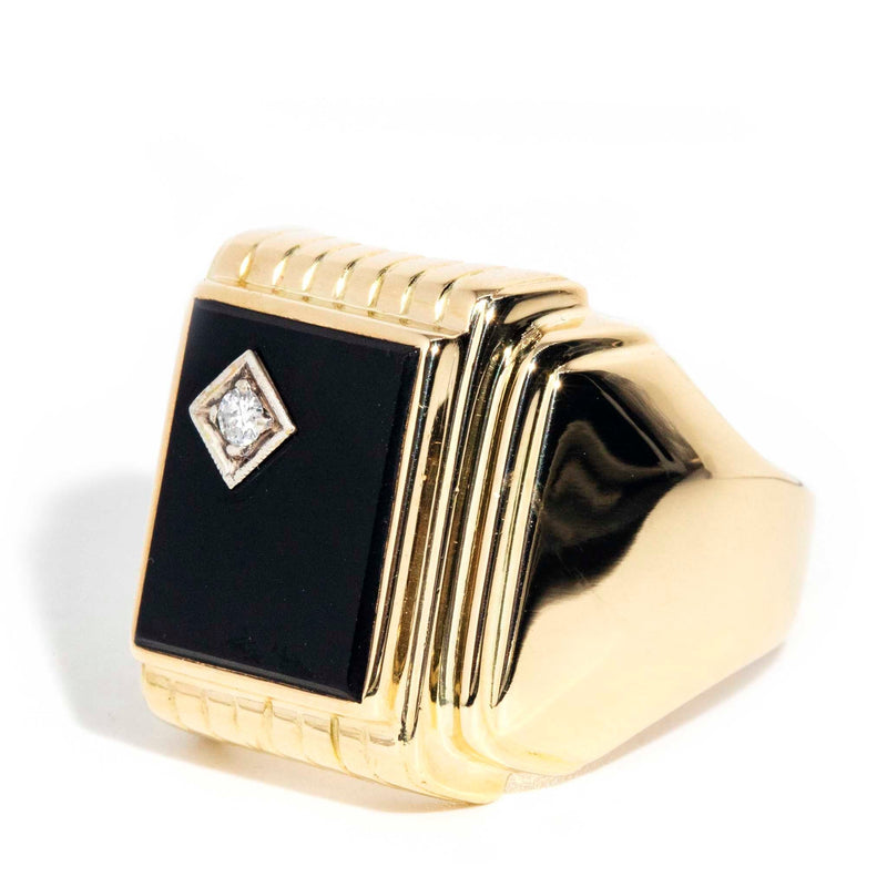ERI DONE Gerald 1970s Rectangular Onyx & Diamond Signet Ring 14ct Yellow Gold Imperial Jewellery 