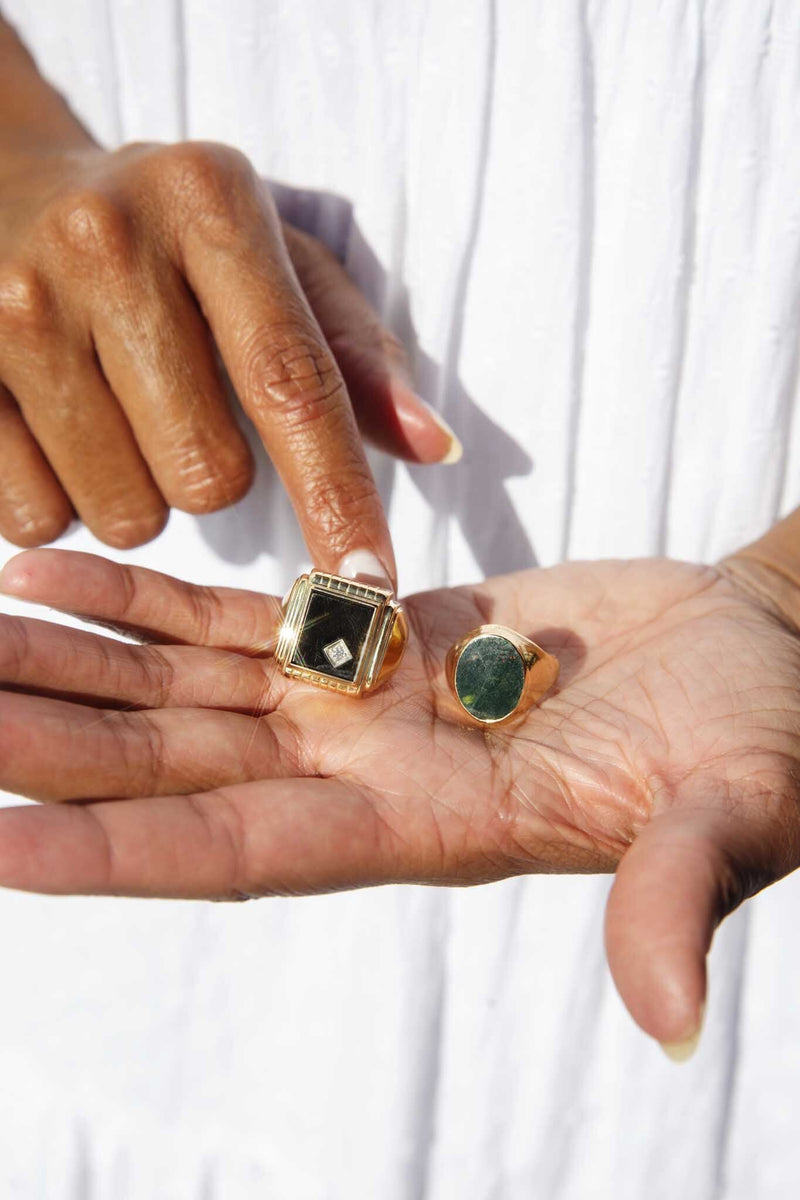 ERI DONE Gerald 1970s Rectangular Onyx & Diamond Signet Ring 14ct Yellow Gold Imperial Jewellery 