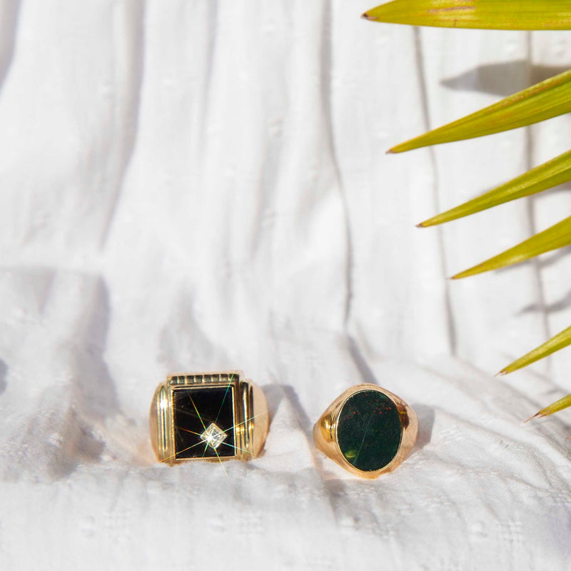 ERI DONE Gerald 1970s Rectangular Onyx & Diamond Signet Ring 14ct Yellow Gold Imperial Jewellery 