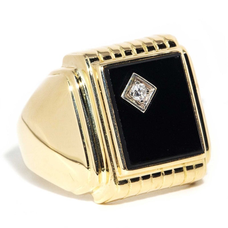 ERI DONE Gerald 1970s Rectangular Onyx & Diamond Signet Ring 14ct Yellow Gold Imperial Jewellery 