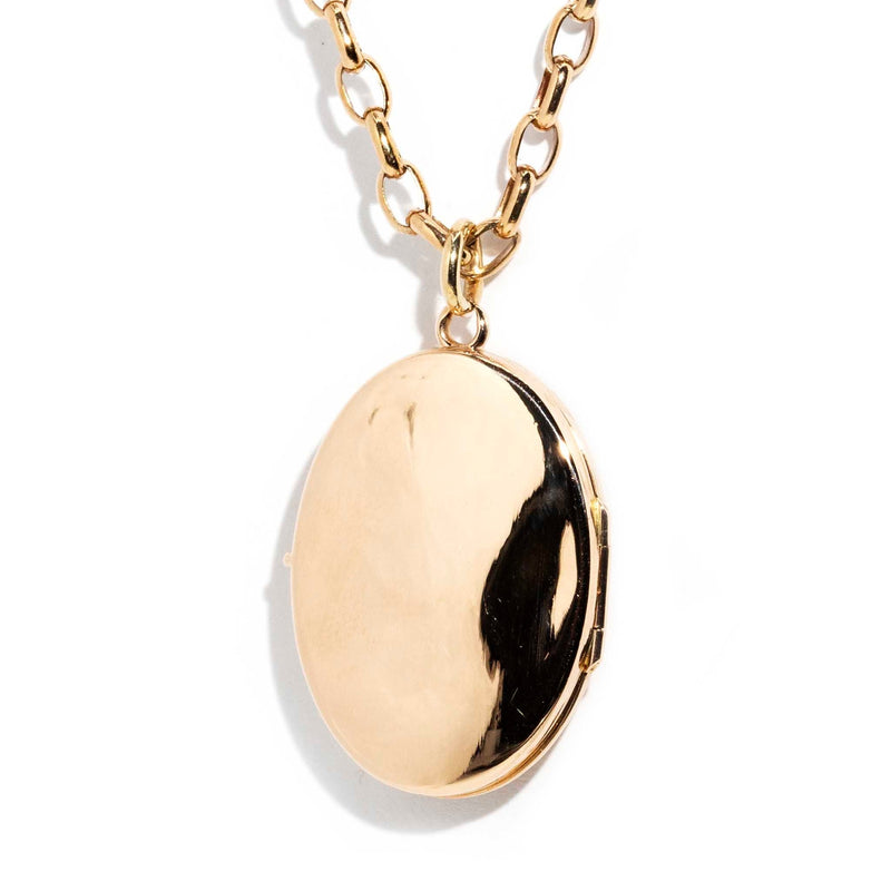 ERI DONE Haven Circa 1960s Garnet Patterned Oval Locket & Chain 9ct Gold Imperial Jewellery 