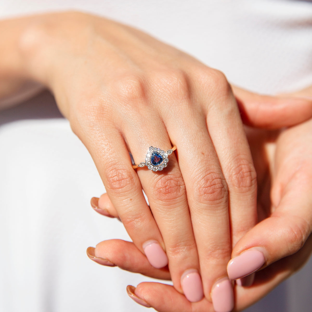 Pear Sapphire and Diamond 18 Carat Gold Contemporary Halo Ring Imperial Jewellery