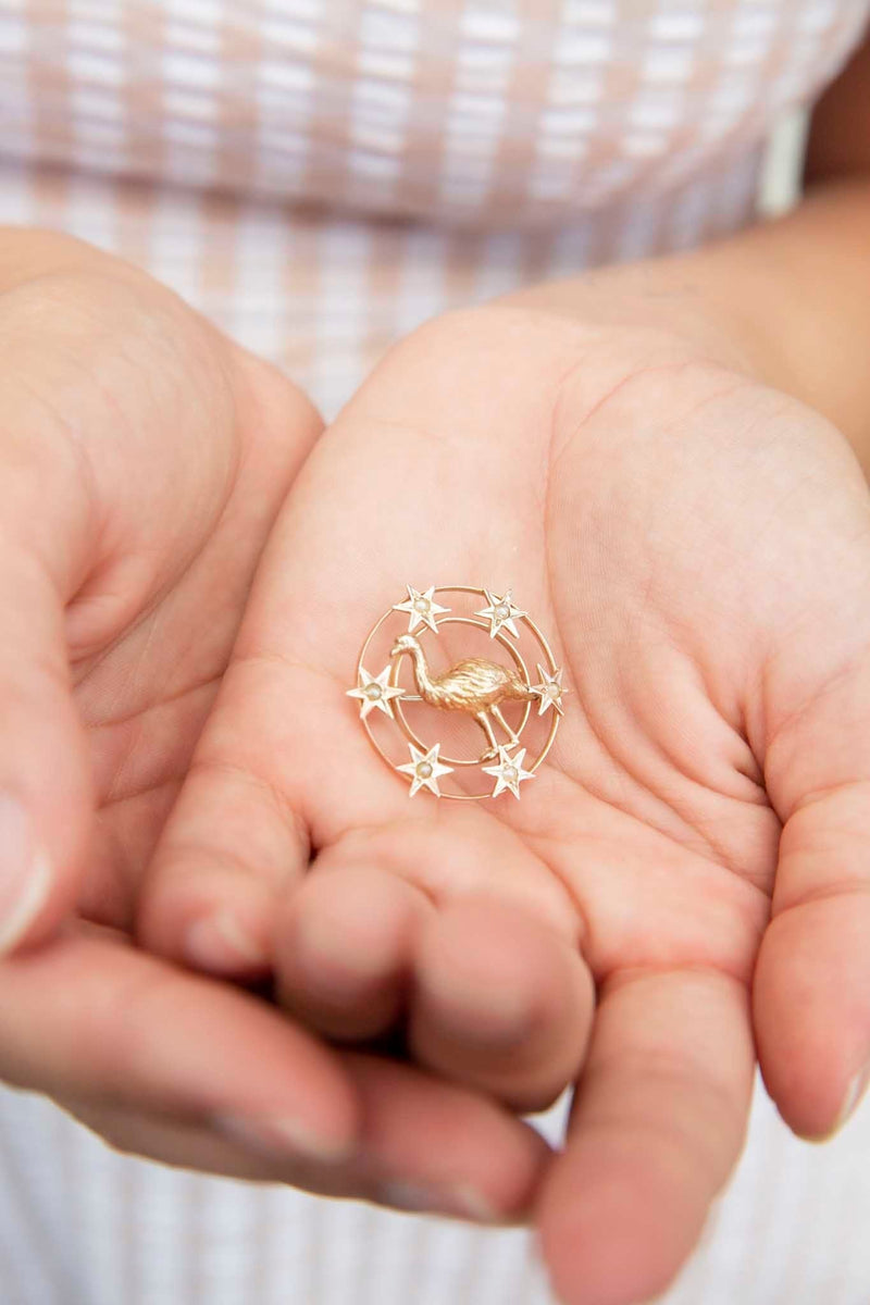 Estelle Circa 1930s 9ct Yellow Gold Emu Seed Pearl Brooch Rings Imperial Jewellery 