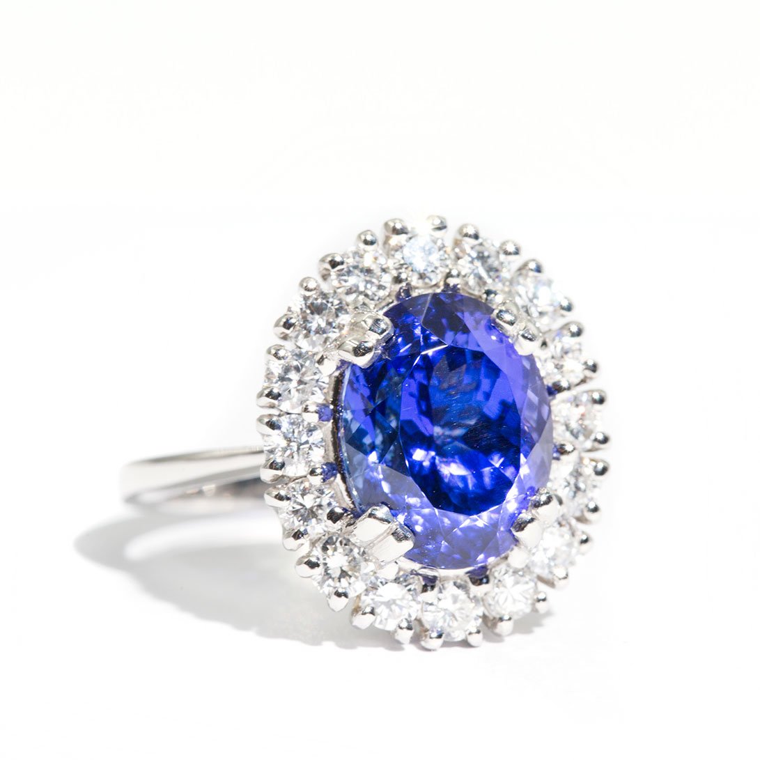 Estelle Platinum and Tanzanite Diamond Halo Ring Rings Imperial Jewellery - Auctions, Antique, Vintage & Estate 
