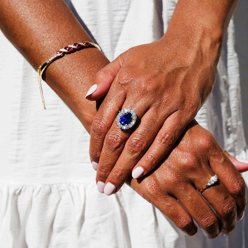 Estelle Platinum and Tanzanite Diamond Halo Ring Rings Imperial Jewellery - Auctions, Antique, Vintage & Estate 