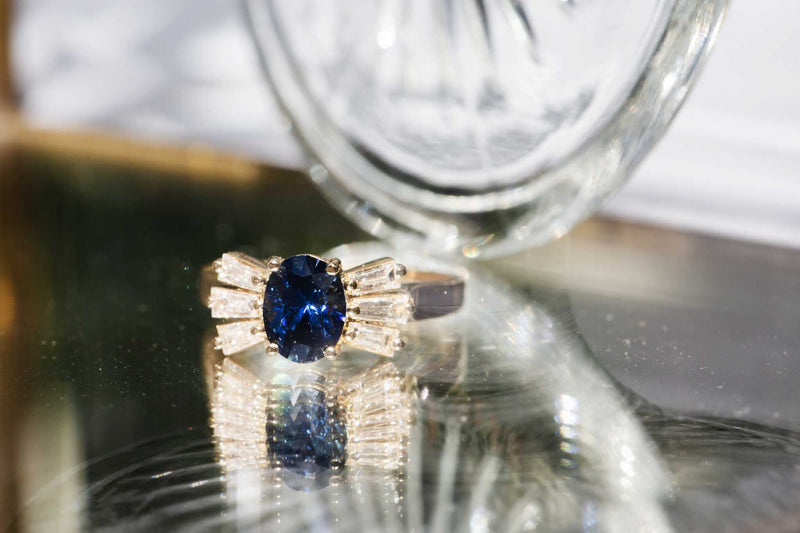 Euphrasia 1980s 1.78 Carat Sapphire & Baguette Diamond Ring Rings Imperial Jewellery 