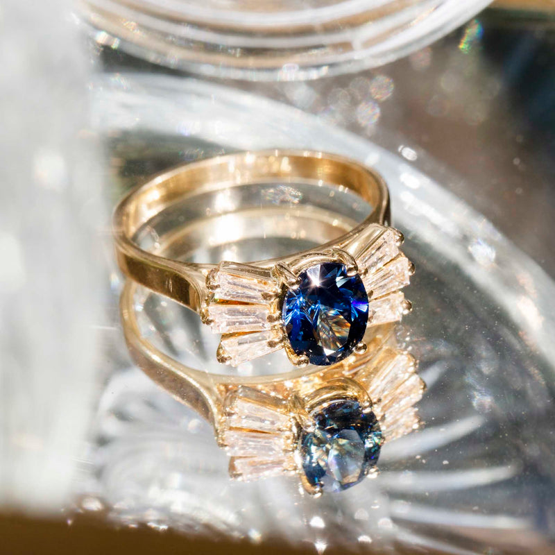 Euphrasia 1980s 1.78 Carat Sapphire & Baguette Diamond Ring Rings Imperial Jewellery 
