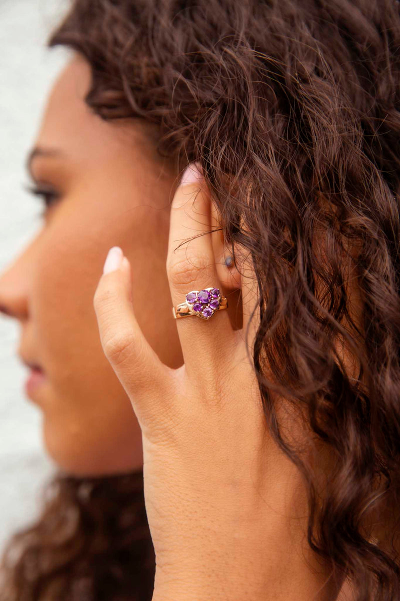 Flora 9ct Yellow Gold Amethyst Heart Cluster Ring Rings Imperial Jewellery 
