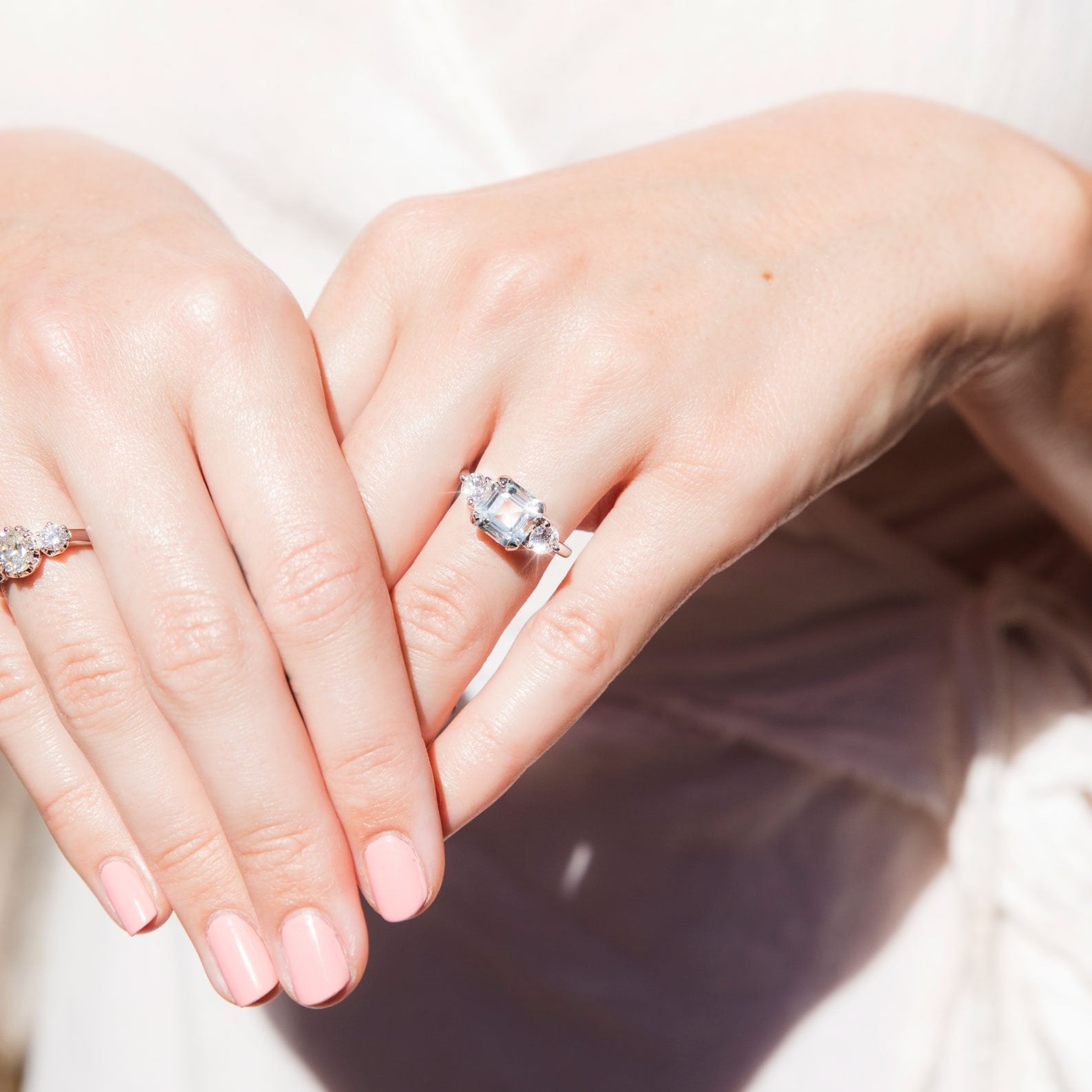 Francine 3.12 Asscher Cut Aquamarine & Diamond Three-Stone Ring (SARINA CHECK) Rings Imperial Jewellery