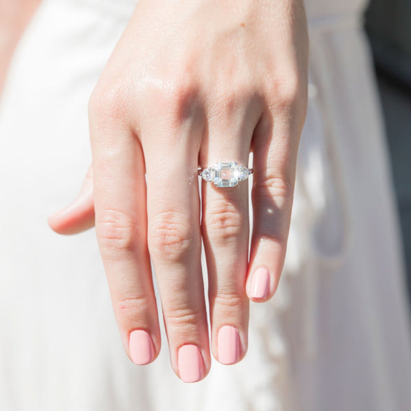 Francine 3.12 Asscher Cut Aquamarine & Diamond Three-Stone Ring (SARINA CHECK) Rings Imperial Jewellery