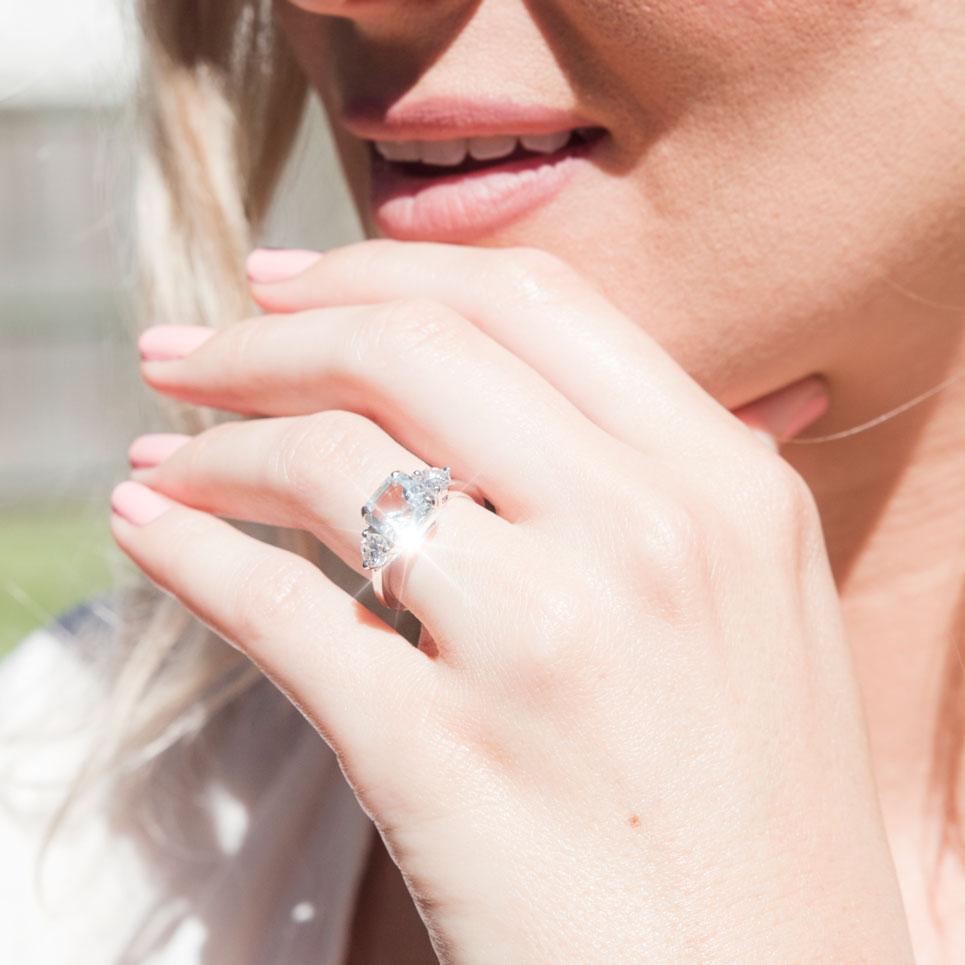 Francine 3.12 Asscher Cut Aquamarine & Diamond Three-Stone Ring (SARINA CHECK) Rings Imperial Jewellery