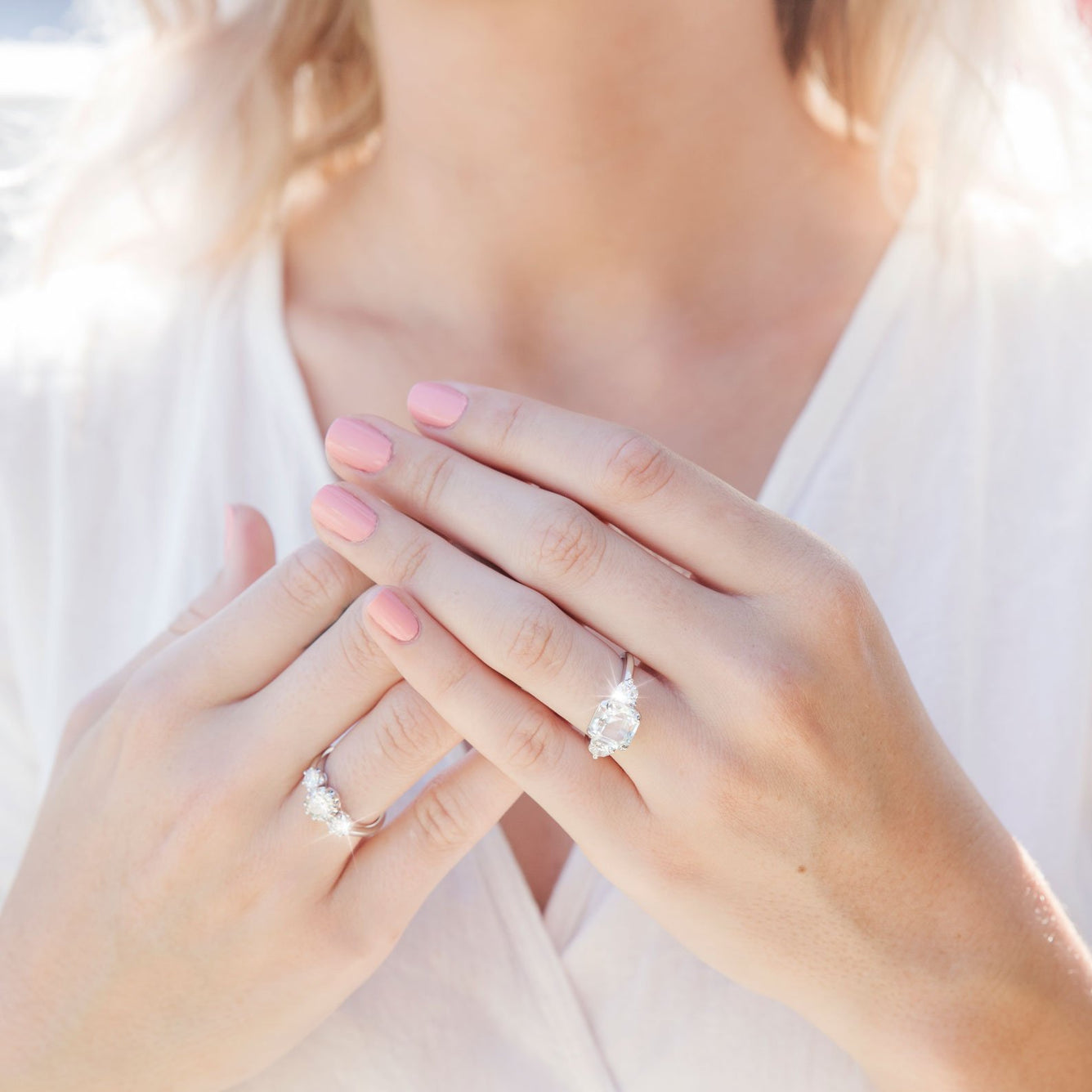 Francine 3.12 Asscher Cut Aquamarine & Diamond Three-Stone Ring (SARINA CHECK) Rings Imperial Jewellery