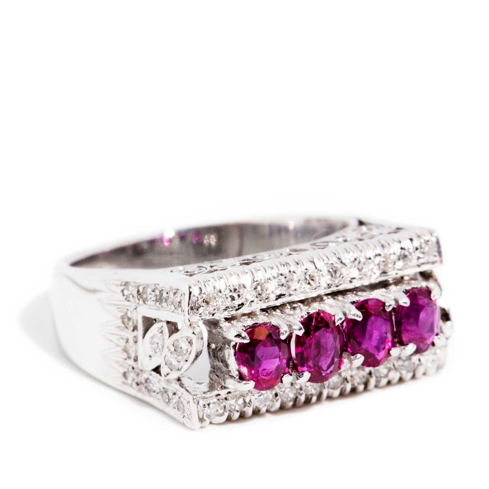 Vintage 1970s Ruby Diamond Filigree Ring 18 Carat White Gold Imperial Jewellery