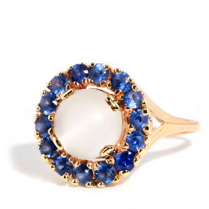 Hitomi 9ct Yellow Gold Moonstone & Sapphire Halo Ring* OB Gemmo $ Rings Imperial Jewellery 