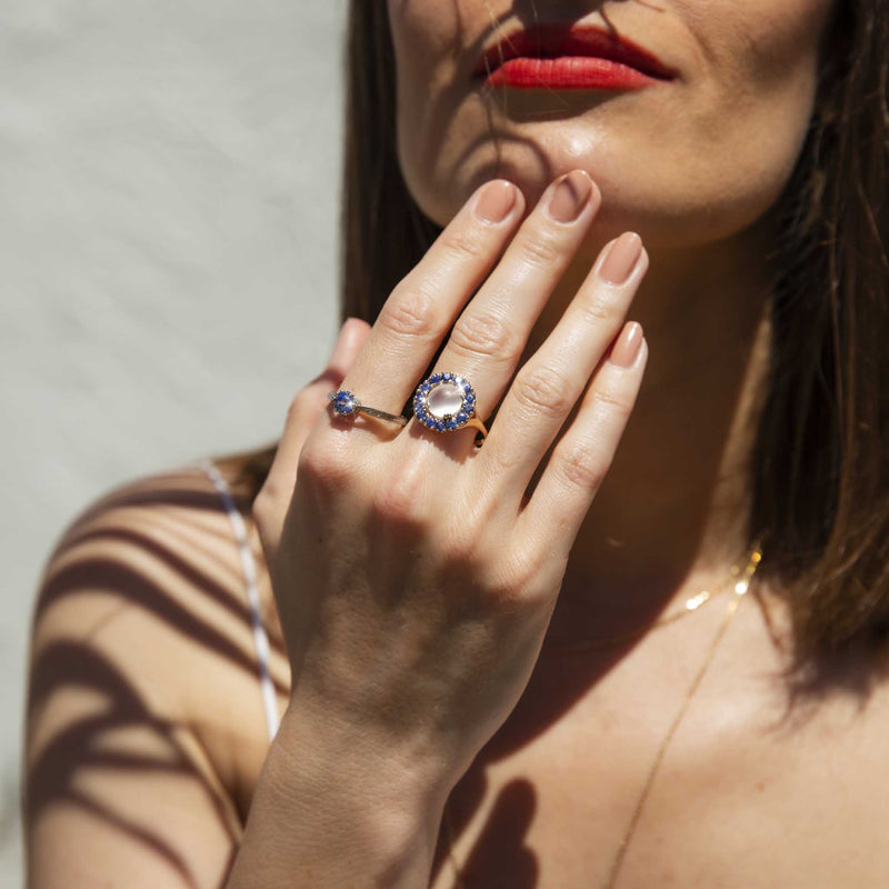 Hitomi Circa 1970s Moonstone & Sapphire Halo Ring 14ct Gold Rings Imperial Jewellery 