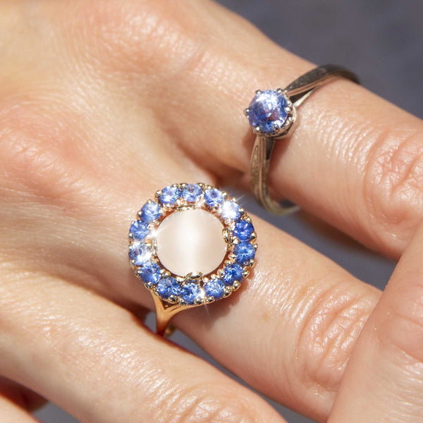 Hitomi Circa 1970s Moonstone & Sapphire Halo Ring 14ct Gold Rings Imperial Jewellery 