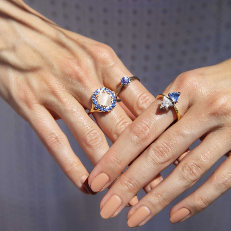 Hitomi Circa 1970s Moonstone & Sapphire Halo Ring 14ct Gold Rings Imperial Jewellery 