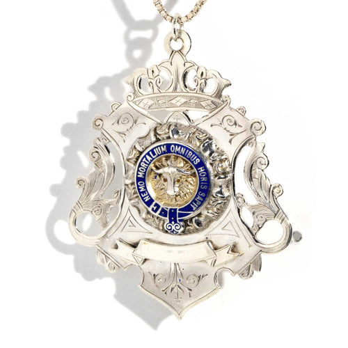 Jacob Edwardian Bull Shield Pendant Silver & Blue Enamel