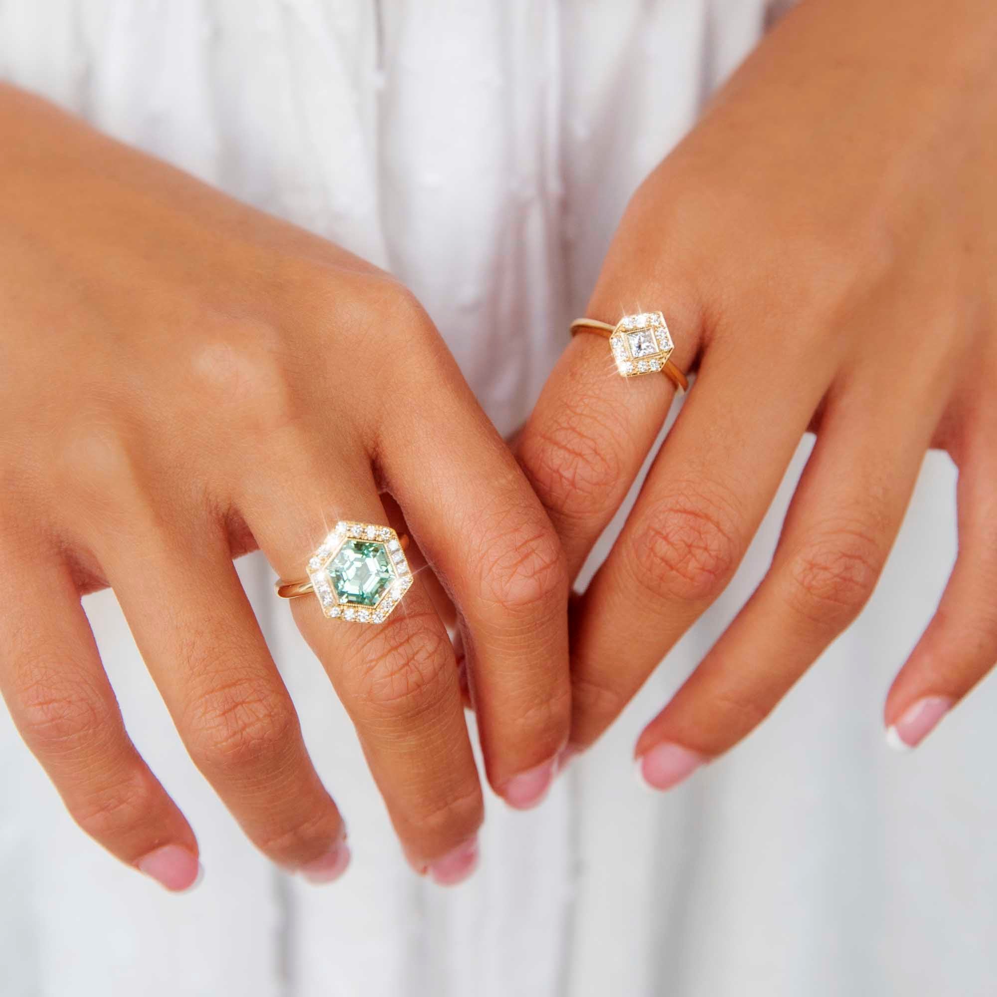 Jada Contemporary 0.30ct Princess Diamond Hexagonal Halo Ring Rings Imperial Jewellery 