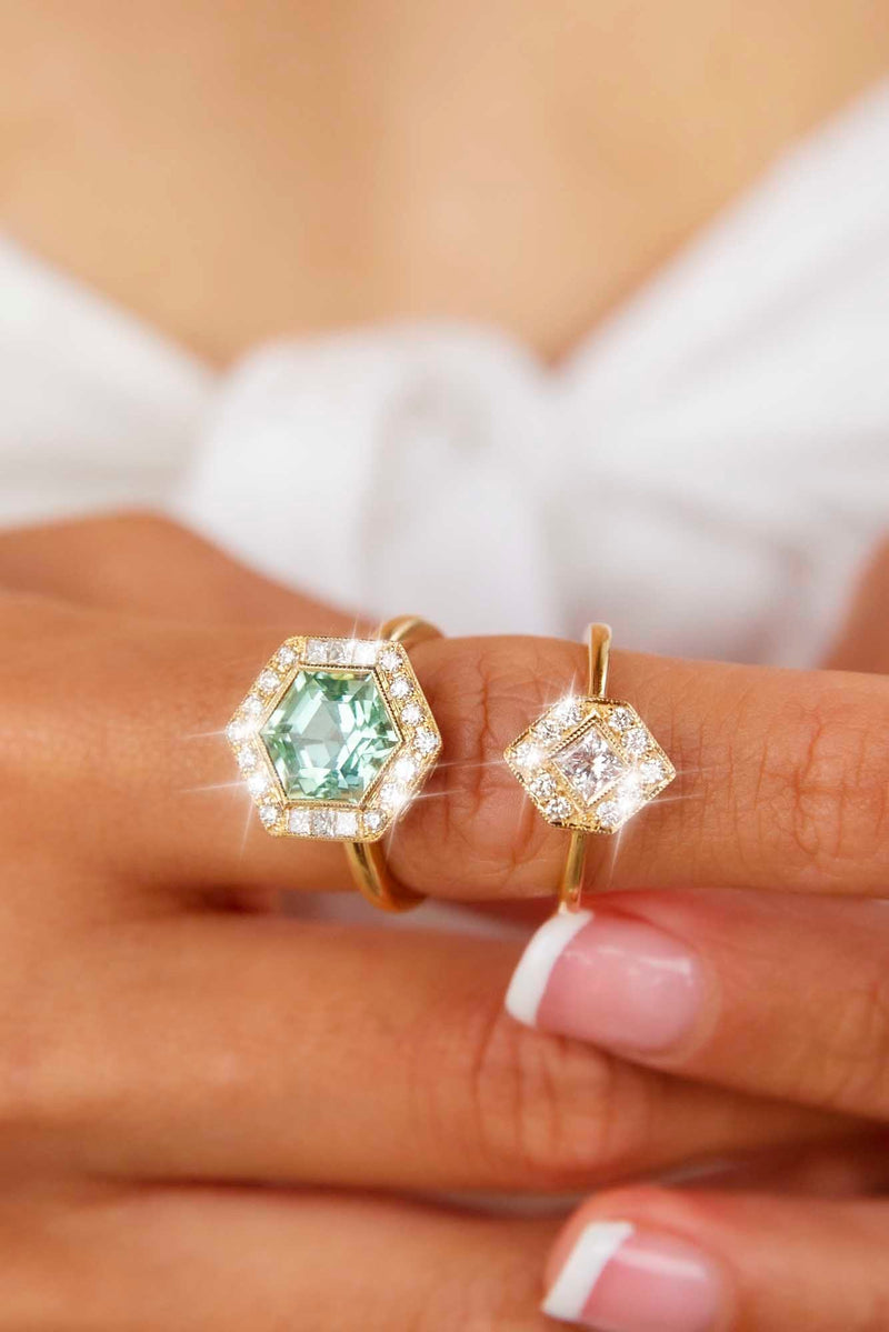 Jada Contemporary 0.30ct Princess Diamond Hexagonal Halo Ring Rings Imperial Jewellery 