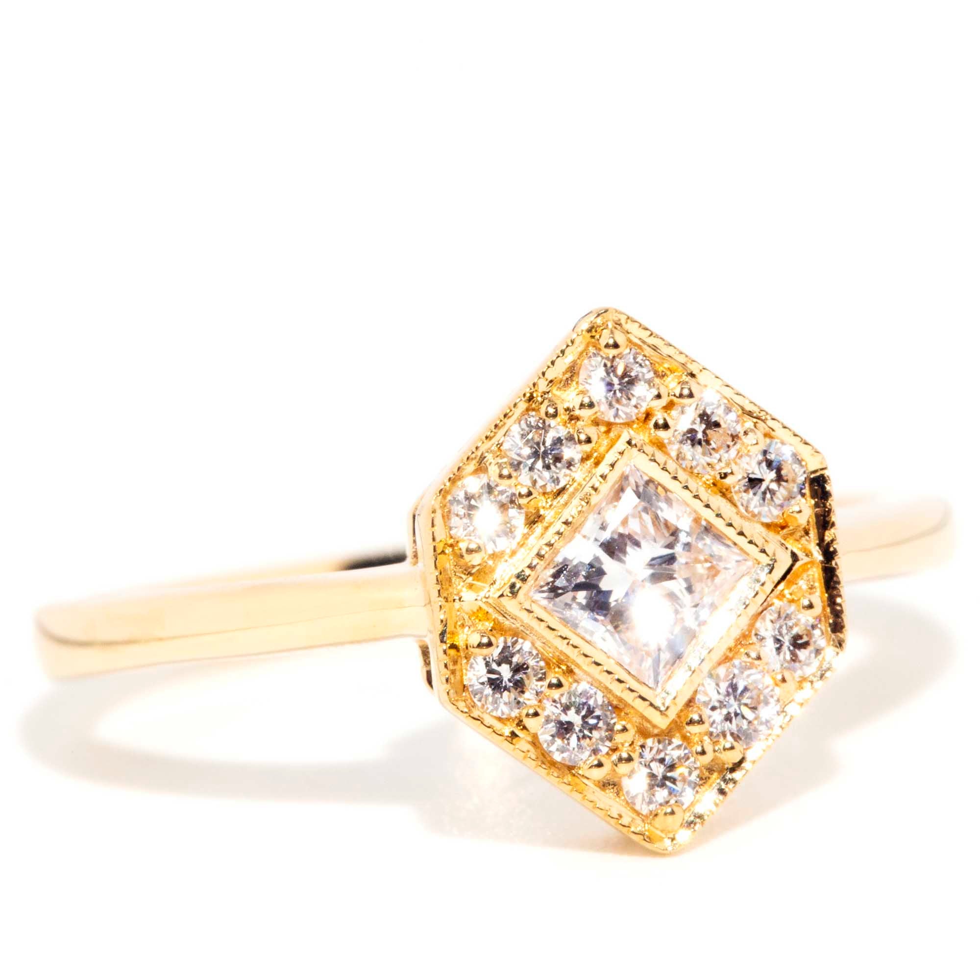 Jada Contemporary 18ct Yellow Gold Princess Diamond Hexagonal Halo Ring* OB Gemmo $ Rings Imperial Jewellery 