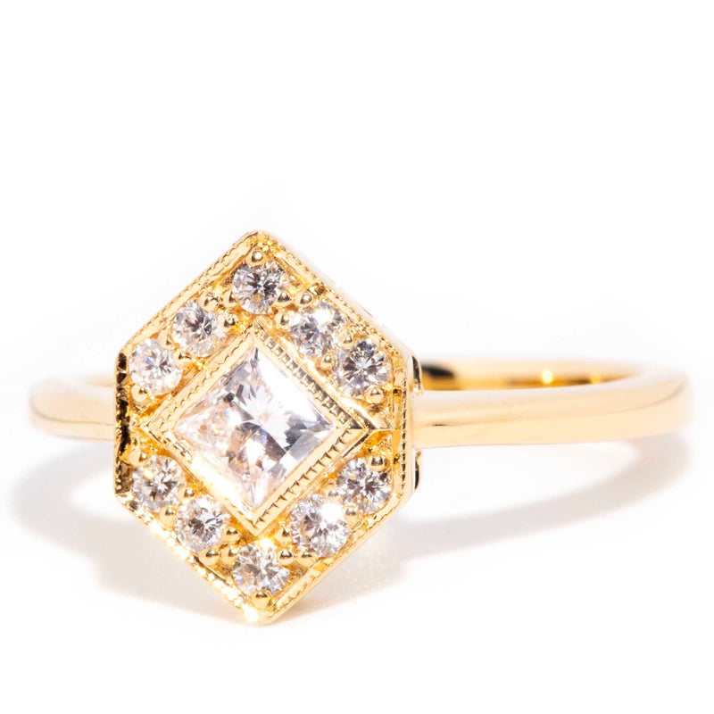 Jada Contemporary 18ct Yellow Gold Princess Diamond Hexagonal Halo Ring* OB Gemmo $ Rings Imperial Jewellery 