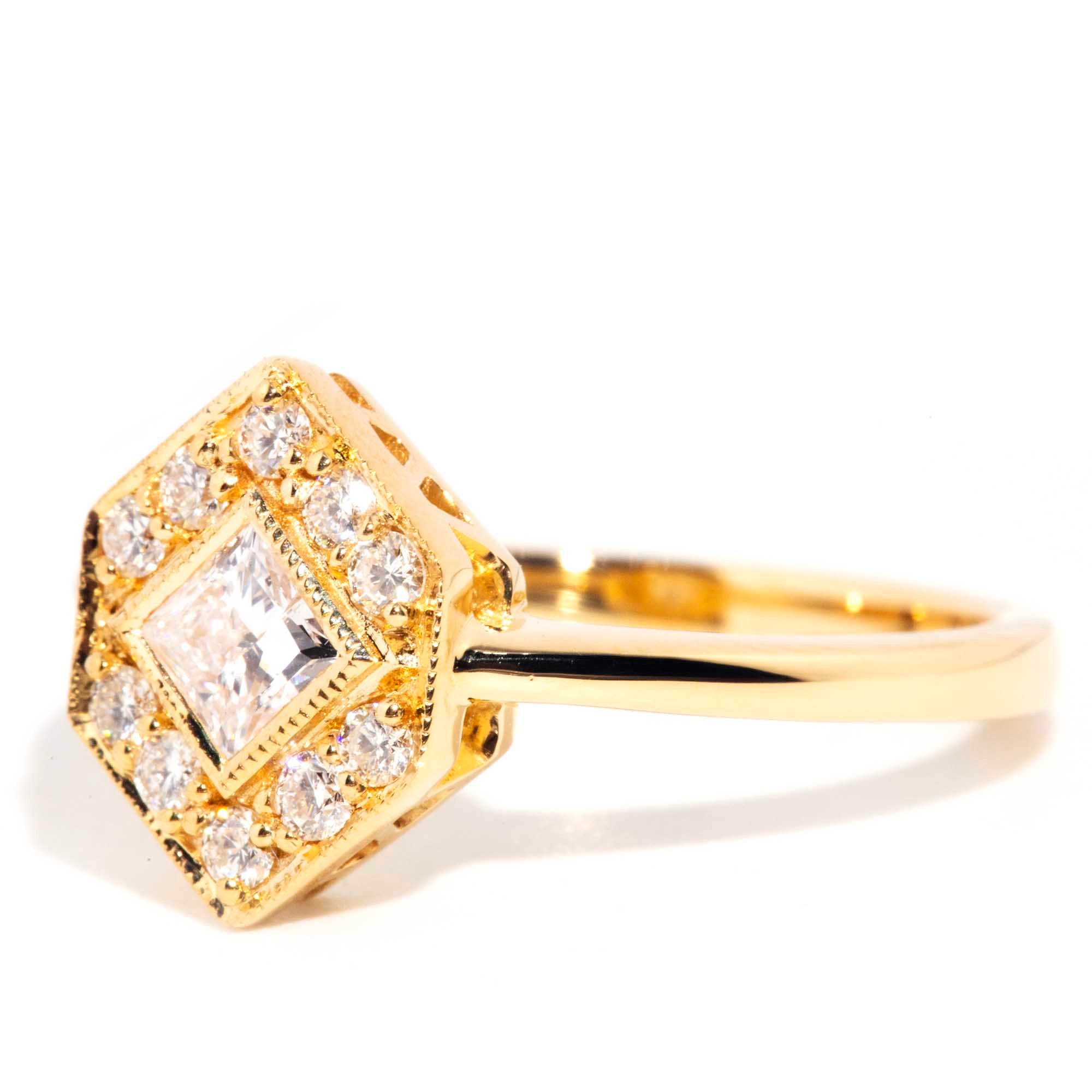 Jada Contemporary 18ct Yellow Gold Princess Diamond Hexagonal Halo Ring* OB Gemmo $ Rings Imperial Jewellery 