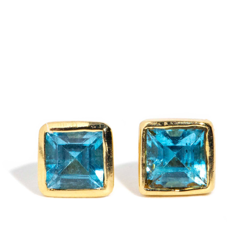Vintage Circa 1990s Blue Topaz Stud Earrings 9 Carat Yellow Gold Imperial Jewellery