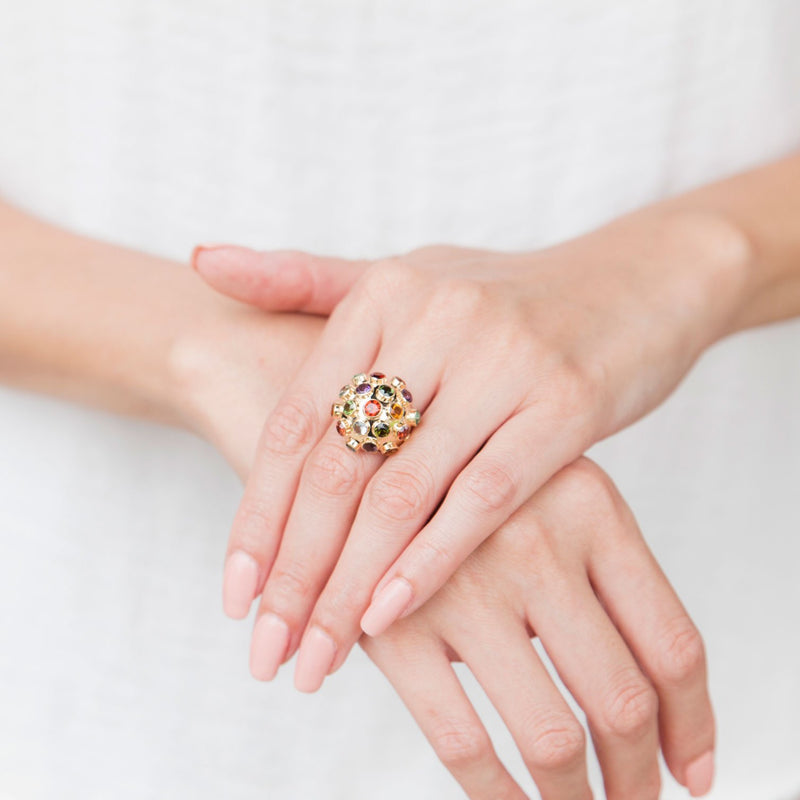 Sputnik Multi Gemstone Vintage Dome Ring in 18 Carat Yellow Gold