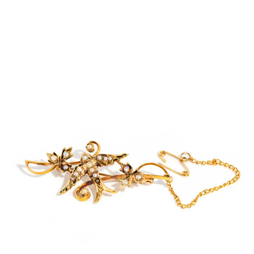 Juliet Victorian Seed Pearl Swallow Brooch 15K Yellow Gold