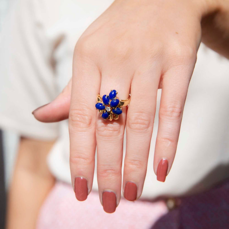 Katniss Vintage 14ct Gold Lapis Lazuli & Diamond Cluster Ring* GTG Rings Imperial Jewellery 